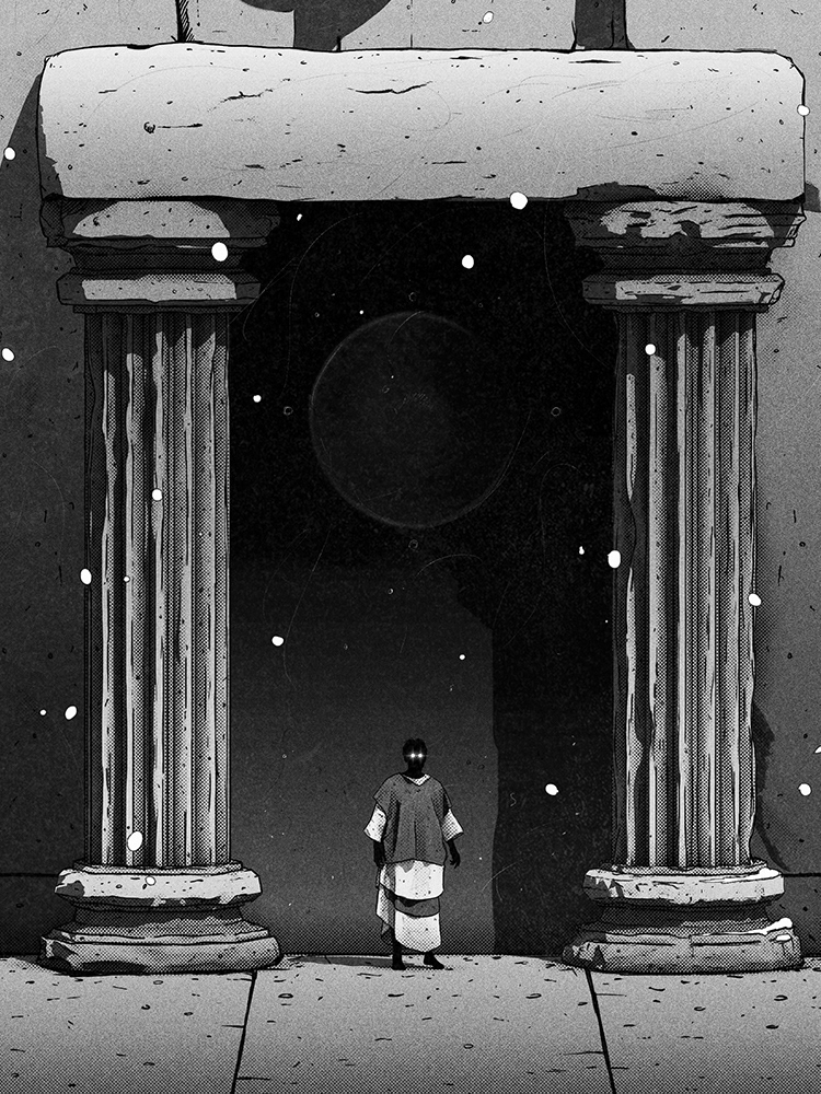 black and white pillar illustration