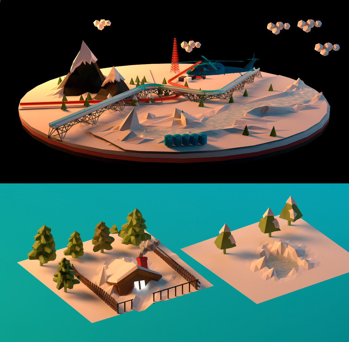 Low Poly low-poly winter Landscape mountain snow lake c4d vray V-ray cinema 4d