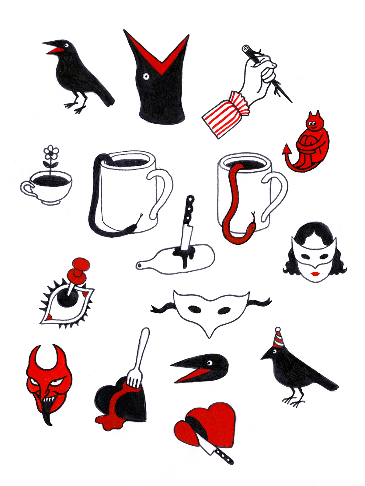 devil snake mask stickers tattoo design crow raven bird