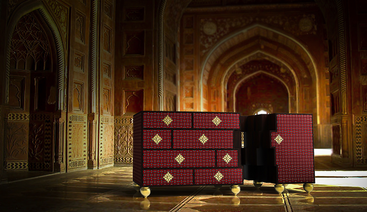 Lusitano Luís Vaz Camões chiffonier Magni Collection unda luxury exclusive pattern wood gold India discovery sea ship