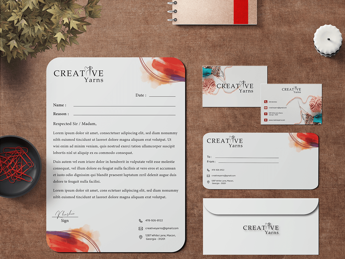 Yarns letterhead envelope business card