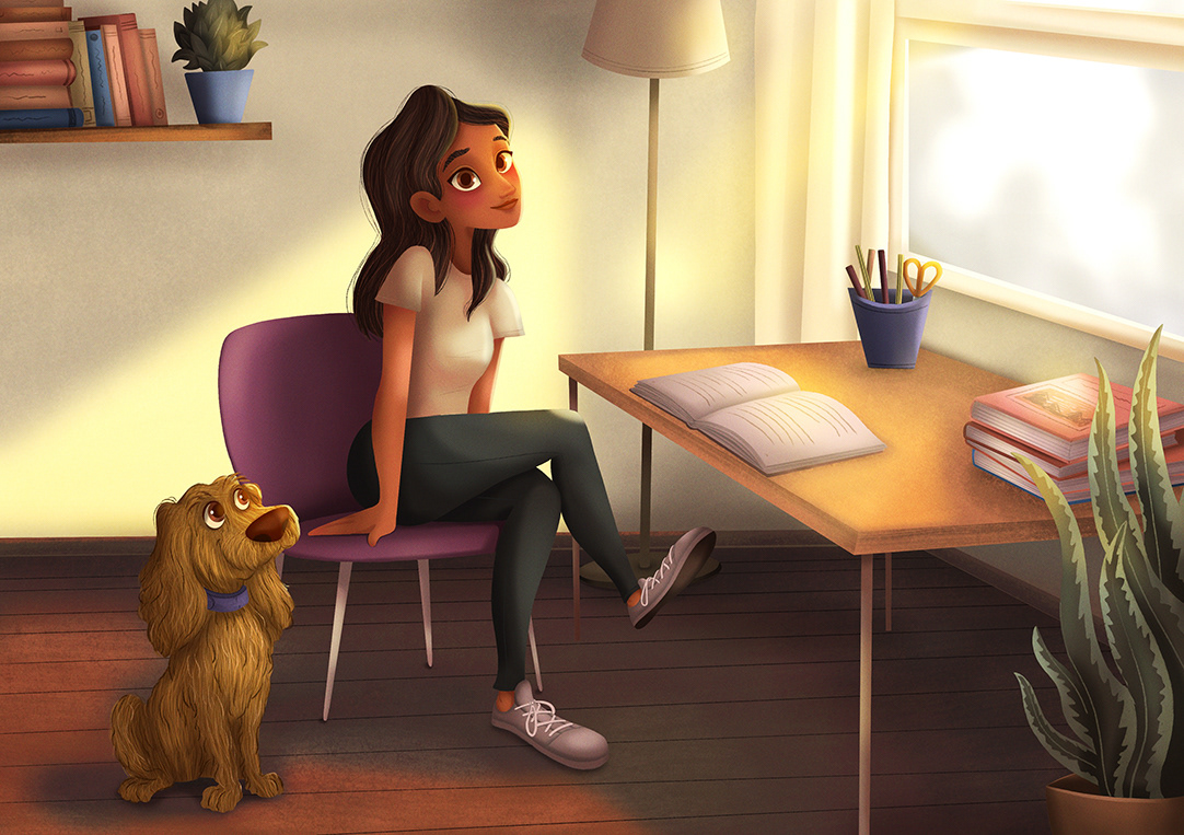 animation  Character design  concept art dog girl light Sun Sunny Window wip