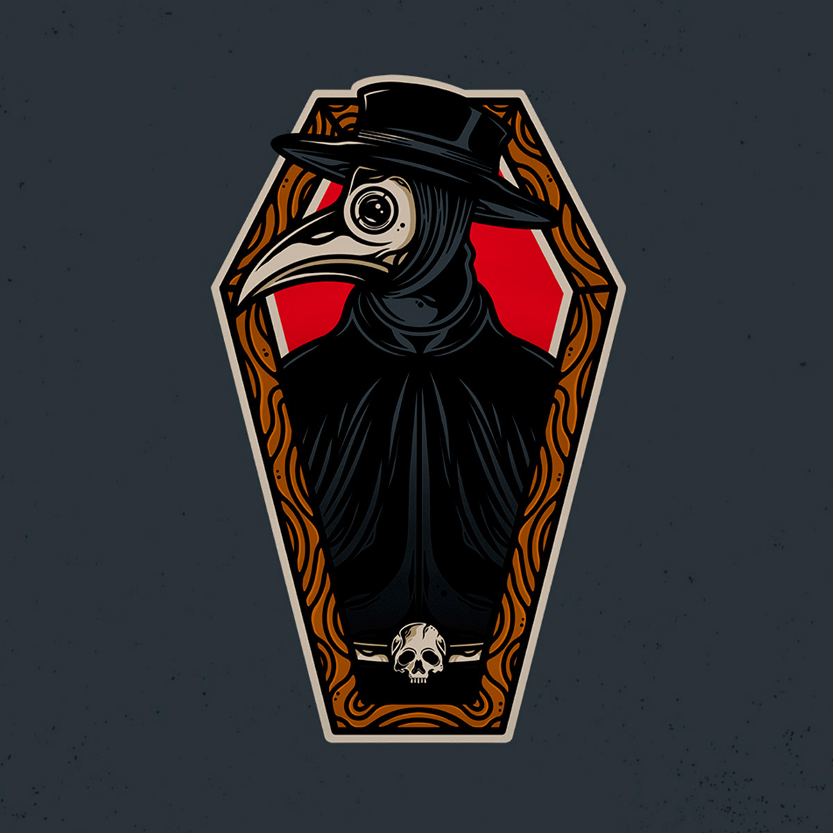 Design of a medieval age plague doctor in vintage/retro traditional tattoo style.