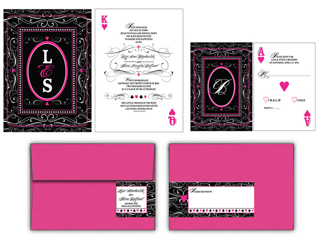 wedding invitations Stationery Vegas Playing Cards black and pink