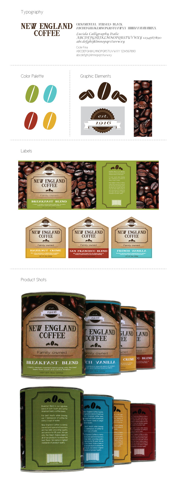 New England Coffee Coffee redesign package coffee cans labels type coffee bean french vanilla san francisco blend hazelnut breakfast blend family owned