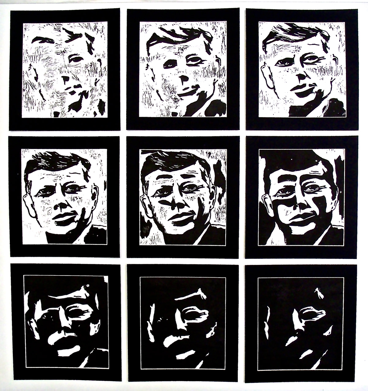 JFK Johnny reduction print linoleum print