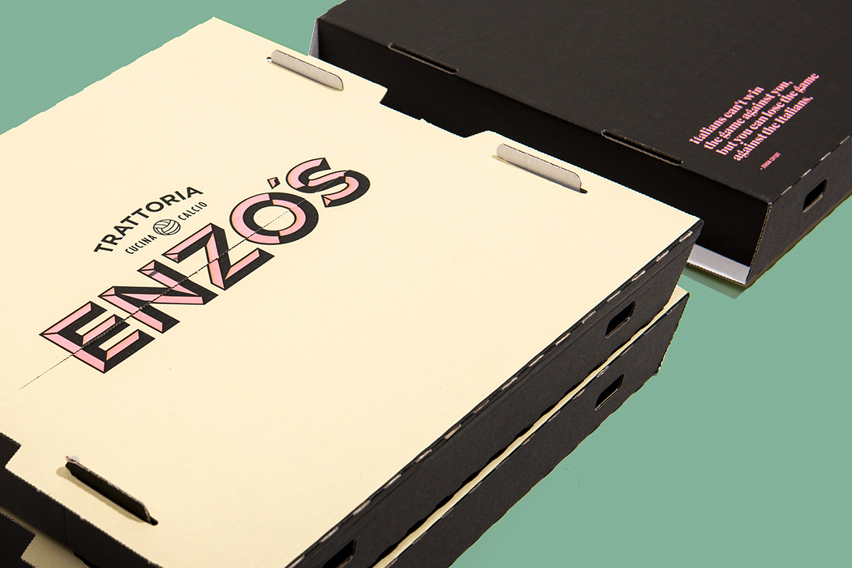 identity logo Pizza Sports Bar football soccer pizza box Enzo's menu Stockholm take away