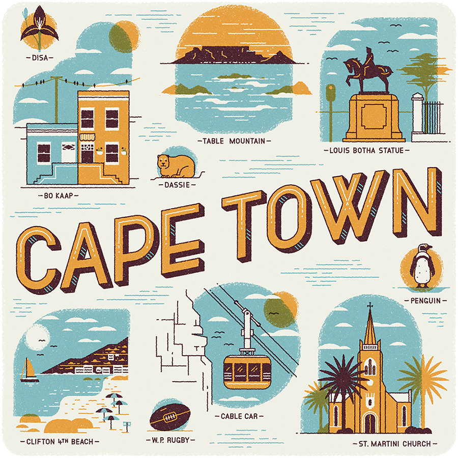 cape town city calendar south africa vintage Retro church cablecar beach mountain africa muti Icon map texture