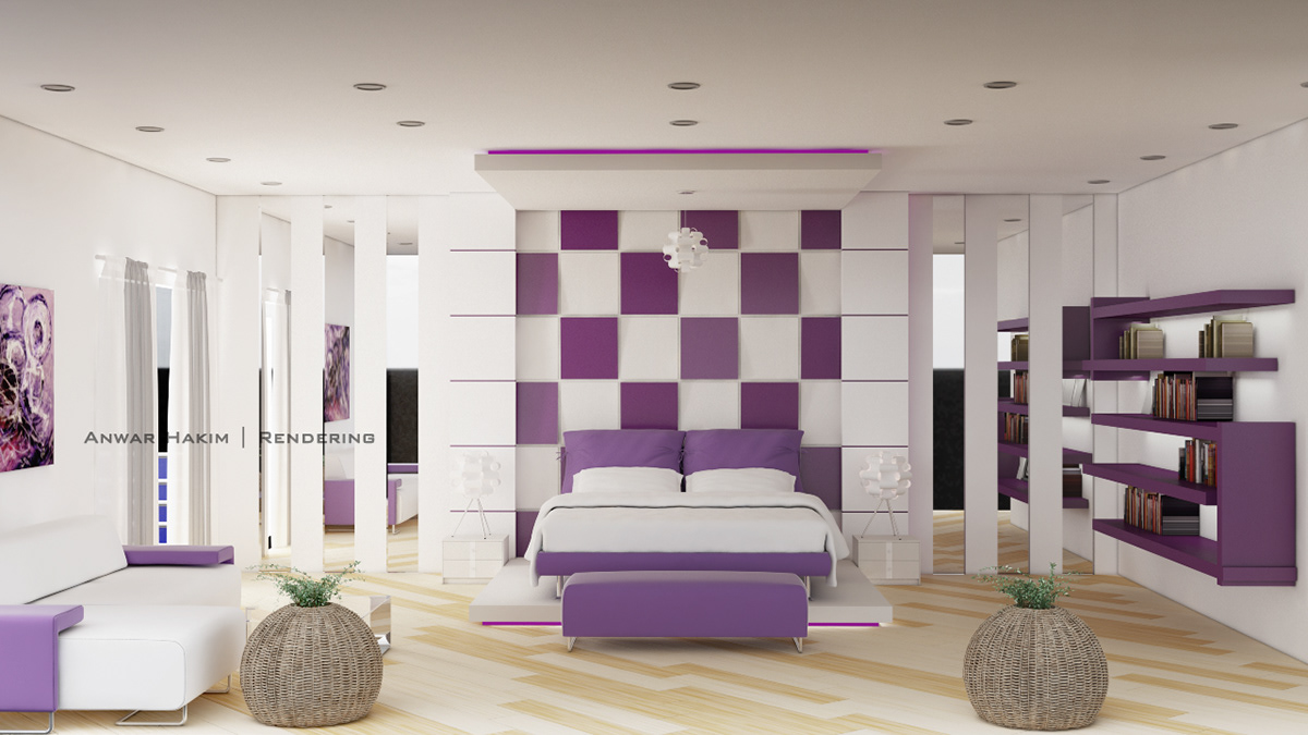 3ds max photoshop lightroom Space Planning design Interiorm master bedroom purple White view