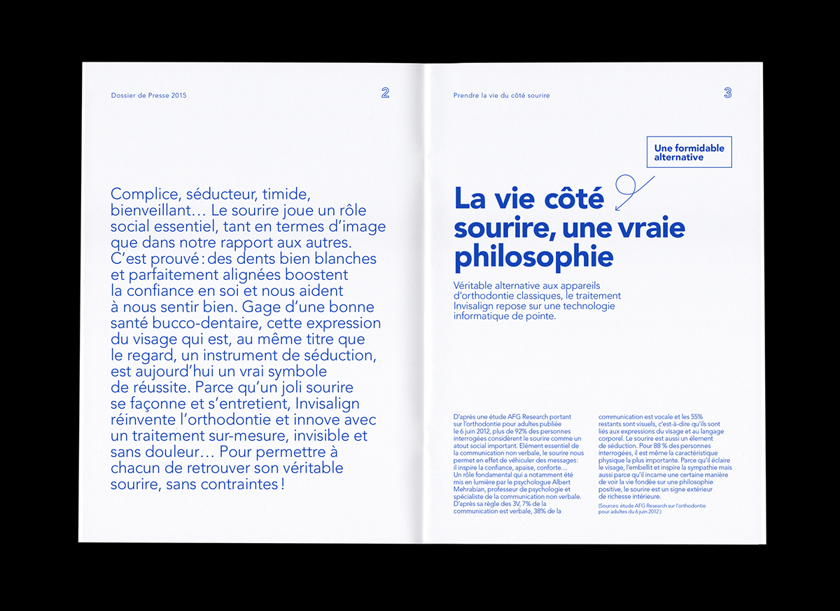 brochure dossier de presse Booklet prospectus livret mise en page livre pantone contemporain Invisalign Orthodontie invisible transparence sérigraphie rhodoid