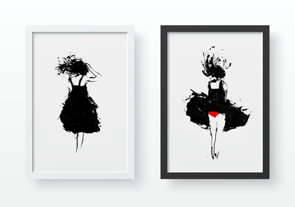 windy day girl woman minimalist black and white ink