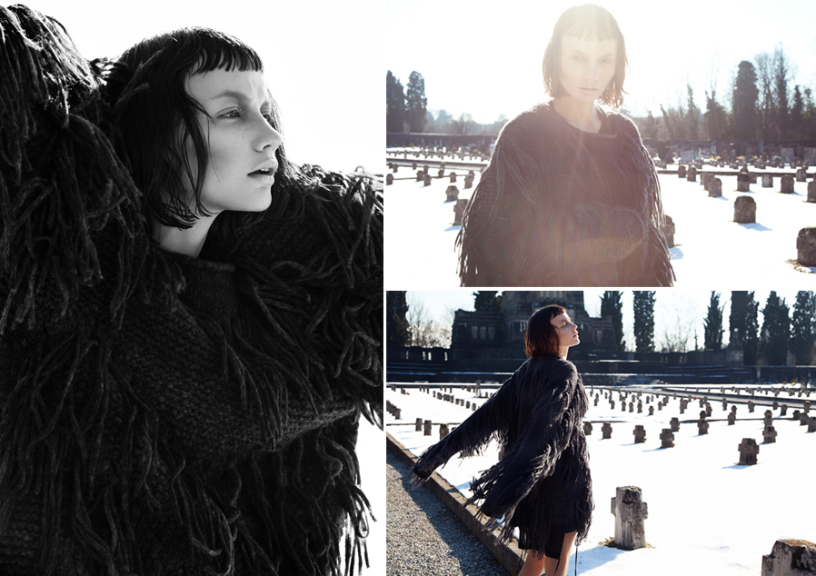 model woman black and white colors winter Sun clothes styling  cemetery gothic cold snow jeanne story