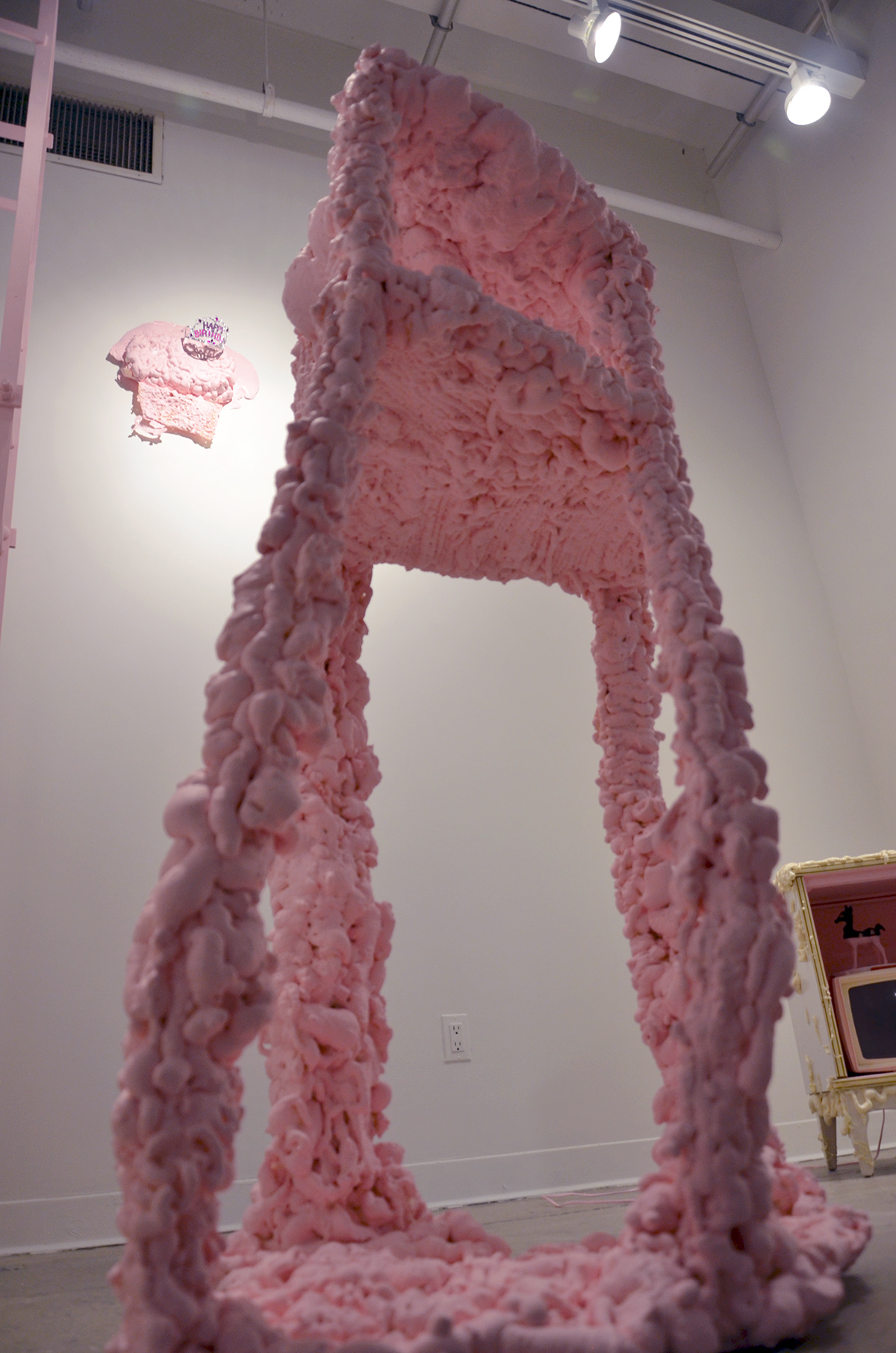 sculpture installation pink children childhood clock ladder Bambi
