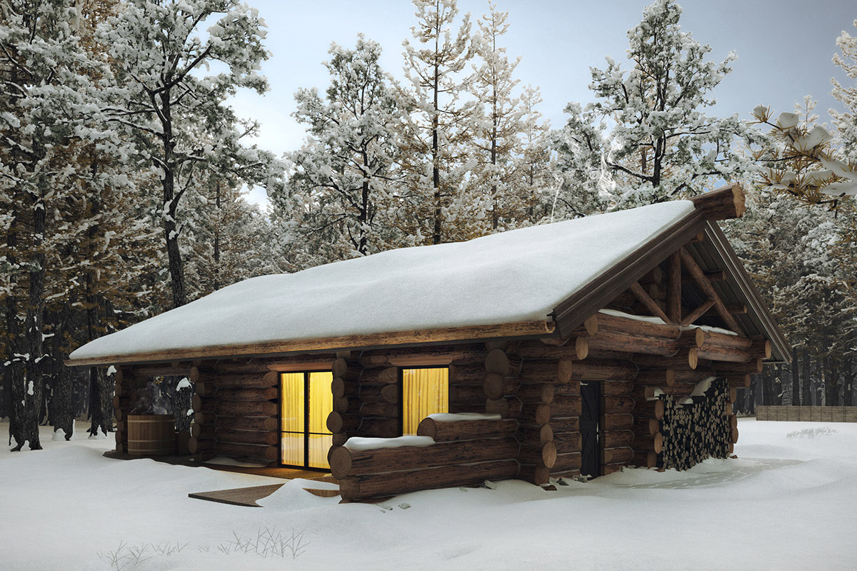3D rendering visualization loghouse winter