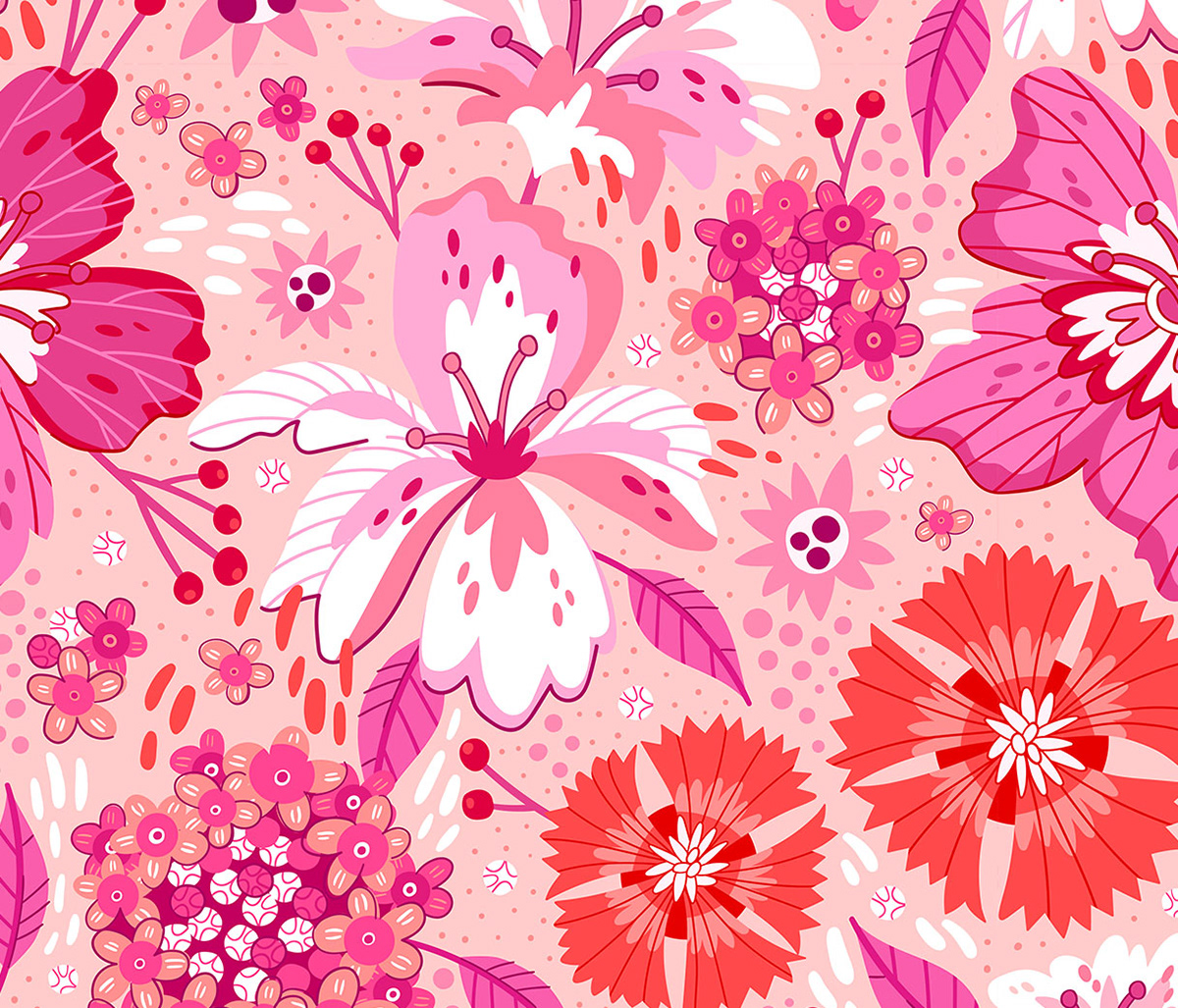 Joyful Pink Blooms Pattern with flowers by Mona Monash