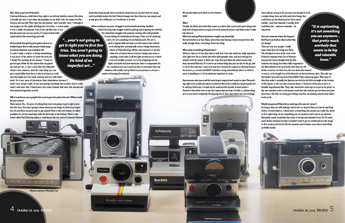 POLAROID InDesign spread sophomore pages student camera interview Judson PEOPLE Magazine