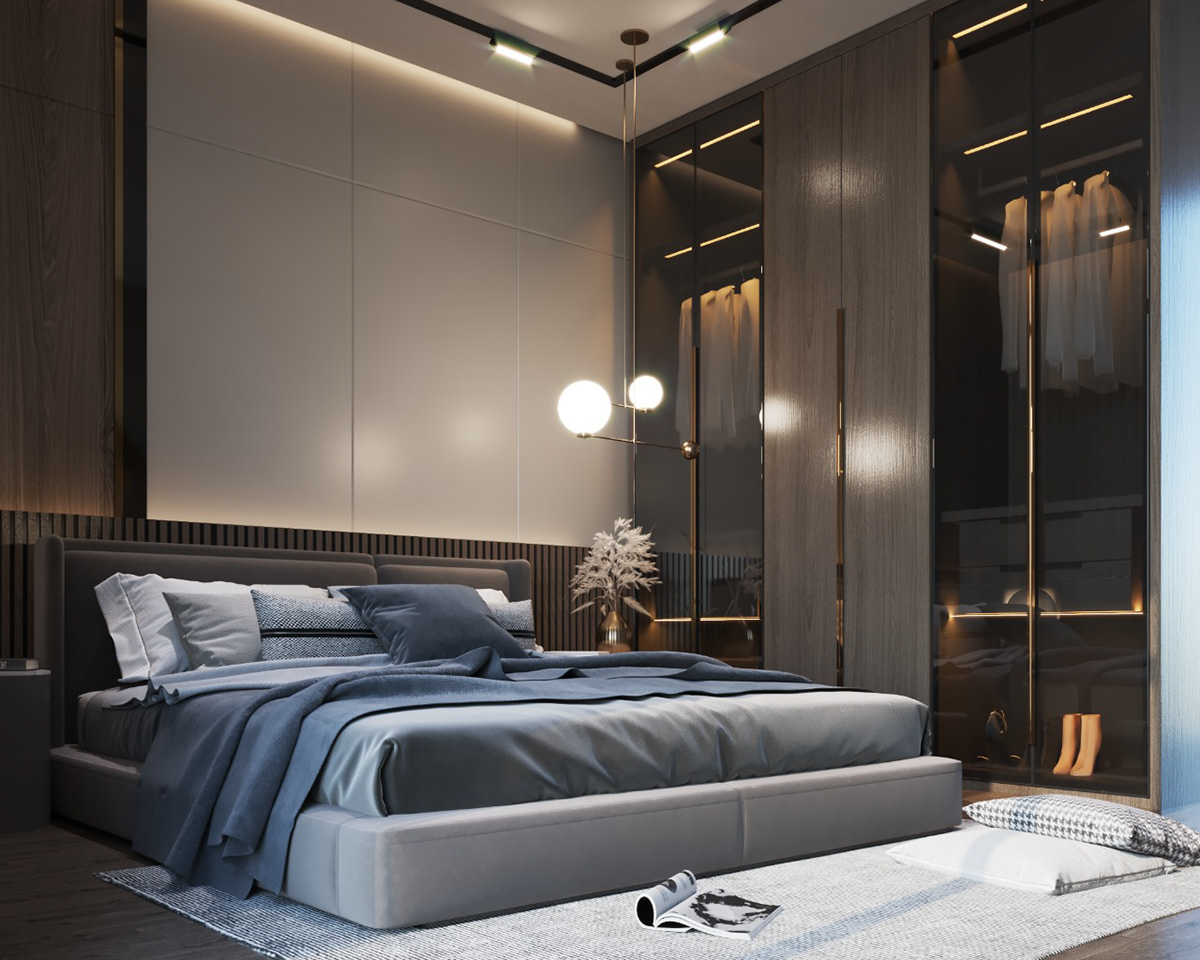 bedroom black blue golden luxury modern