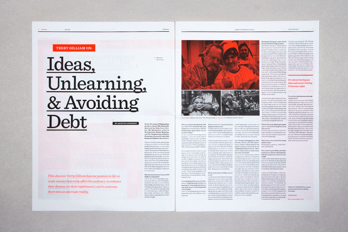 magazine 99U Behance newspaper design print type red modern simple clean sentinel letters pattern color