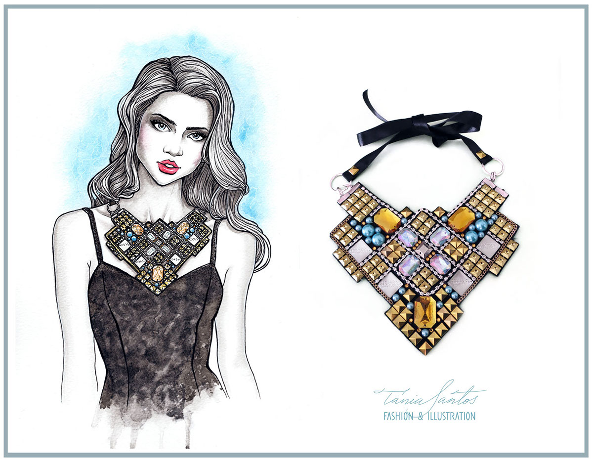 fashion illustration accessories Tania Santos watercolors design ilustração de moda statement necklaces Spring Summer 2014