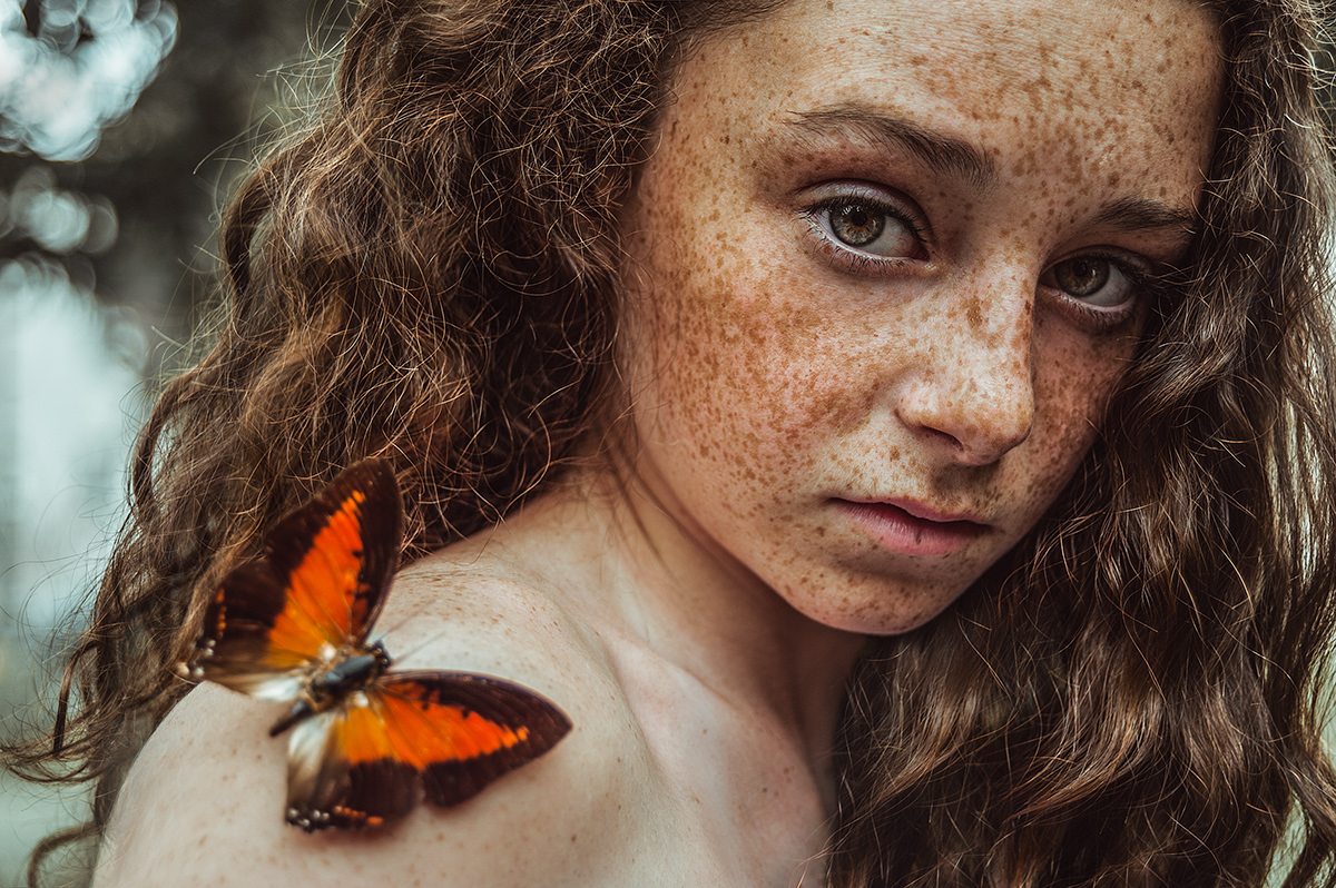 butterfly freckles child portrait emotion silence summer eyes Beautiful hair
