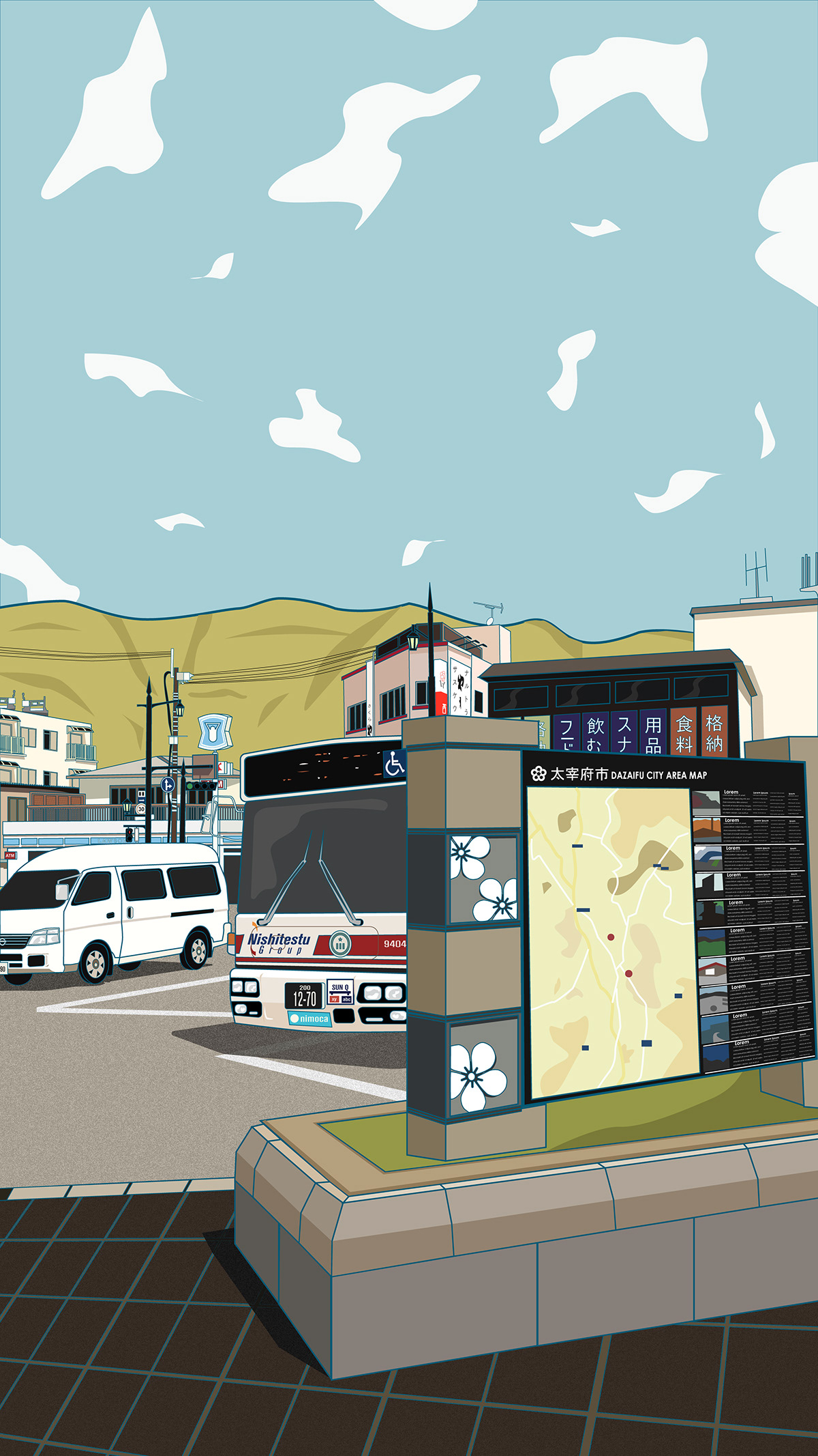 japan ILLUSTRATION  Urban city bus cartoon road mountain store poster