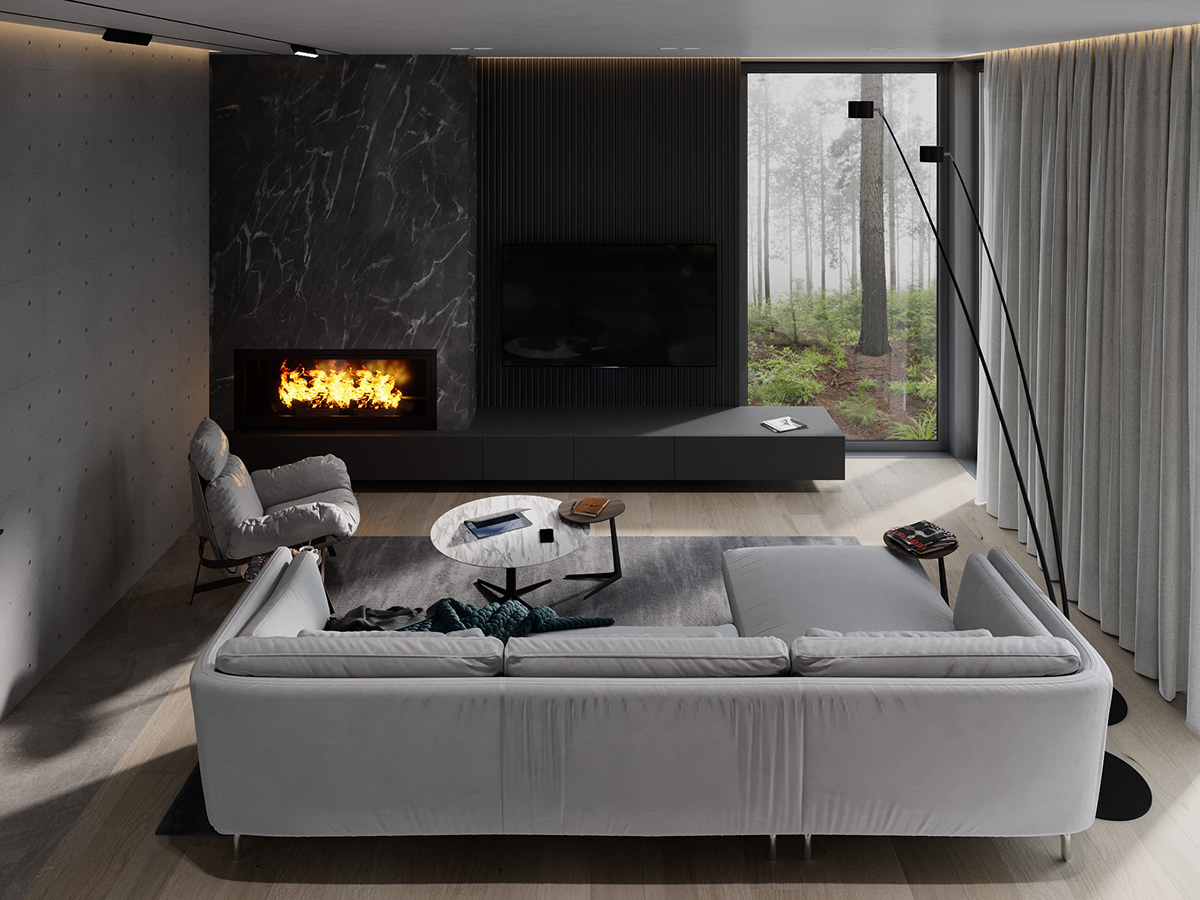 3dsmax concrete corona render  forest interior design  kitchen living minimalistic modern wood