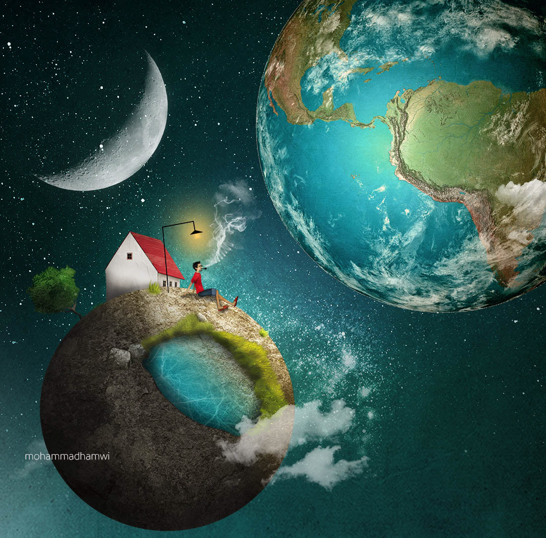 alone Character design Digital Art  Drawing  earth ILLUSTRATION  moon painting   Space 