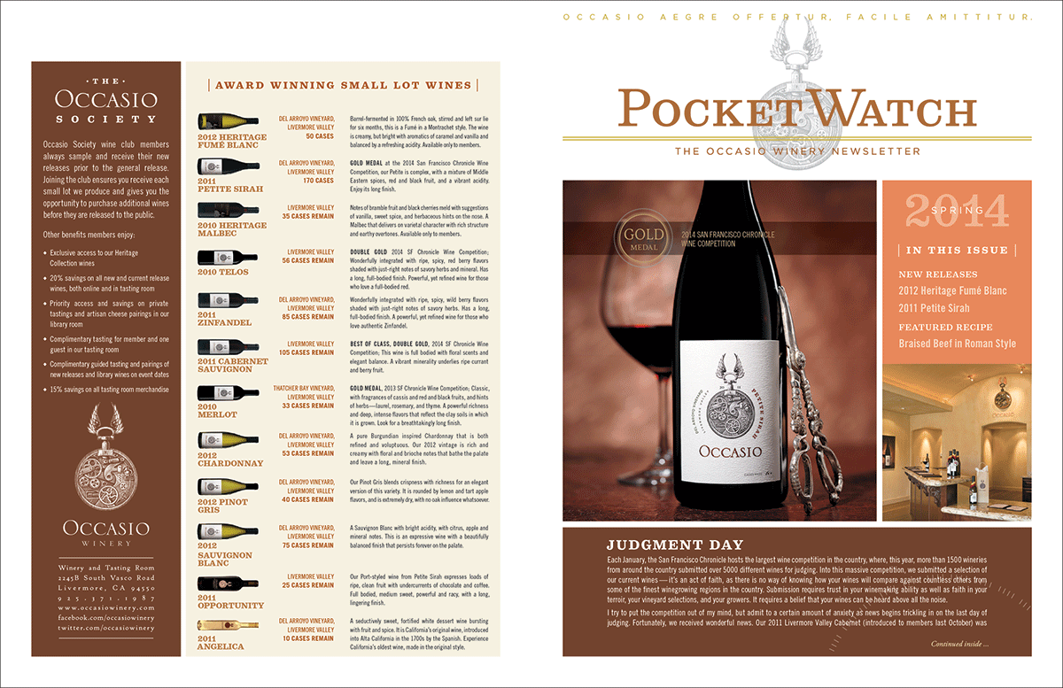 Occasio Winery Wine Club Newsletter