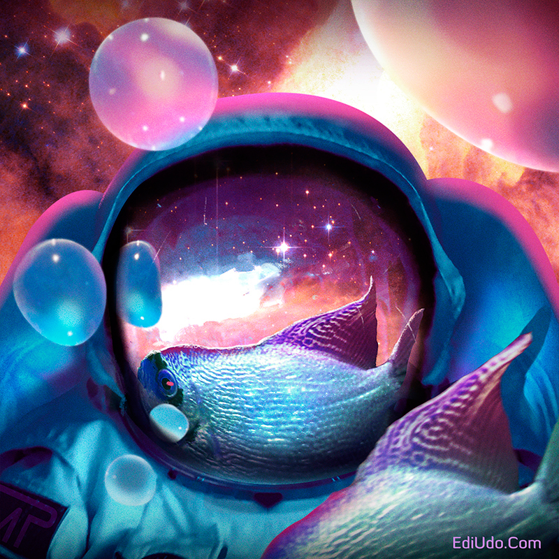 astronauts swimming cosmic album art Space  nasa galaxy bubbles fish swim