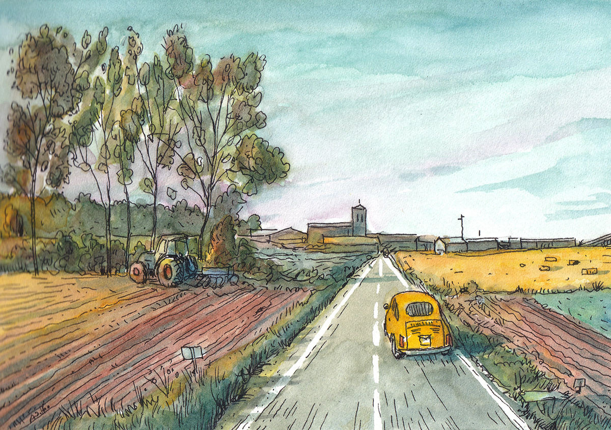 artwork car cinquecento Drawing  sketchbook spain Tierra de Campos Vehicle villages watercolors