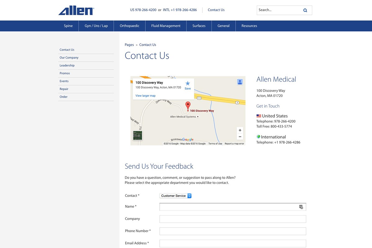 allen medical Website home page product listing Product Page Contact page contact us medical medical device patient positioning