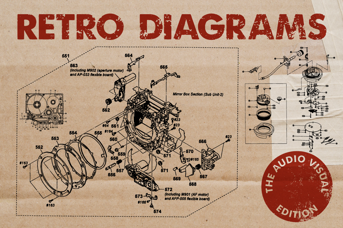 Retro vintage diagrams exploded technical manual instructions products tapes cassettes Audio Visual record player camera lense