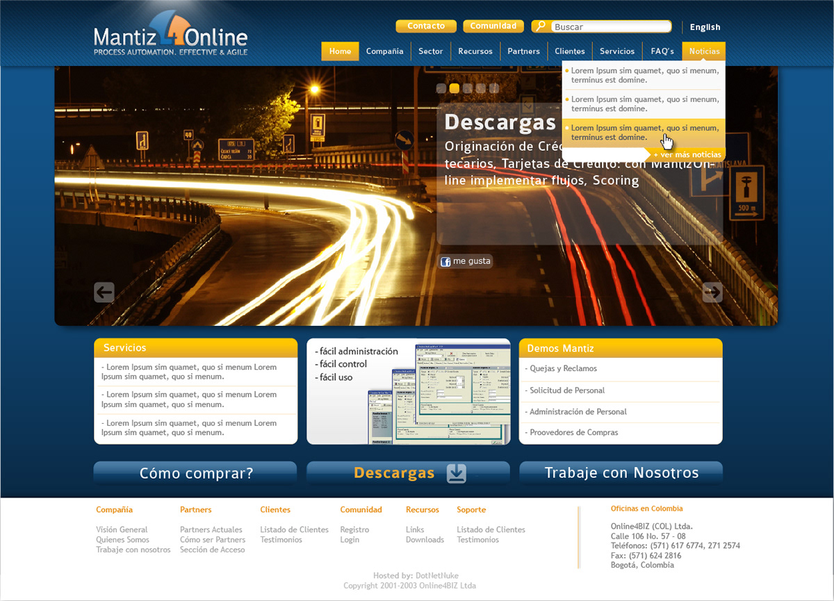 HTML css web site DotNetNuke DDN Fotografia BPM empresa de software sitio comercial AZUL naranja blue orange left menu right menu
