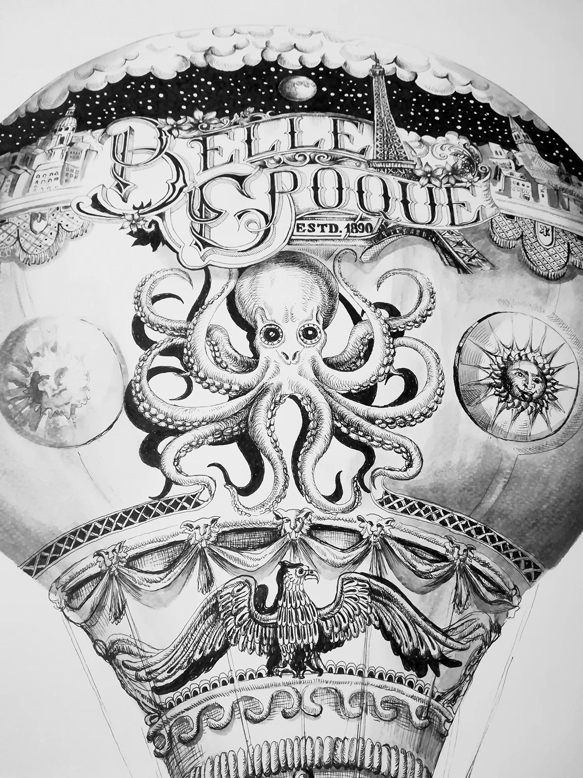 SKY black and white Drawing  ILLUSTRATION  octopus pencil hotairballoon ink penandink Sun