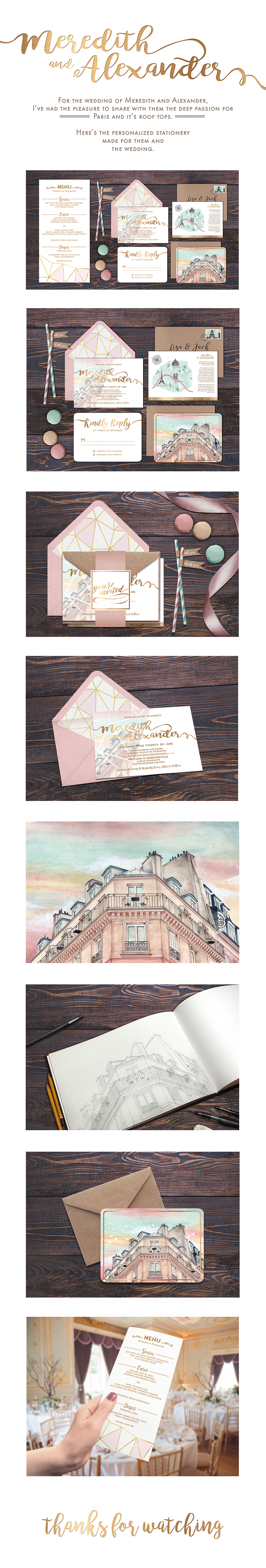wedding Stationery save the date Invitation paint Paris roof tops