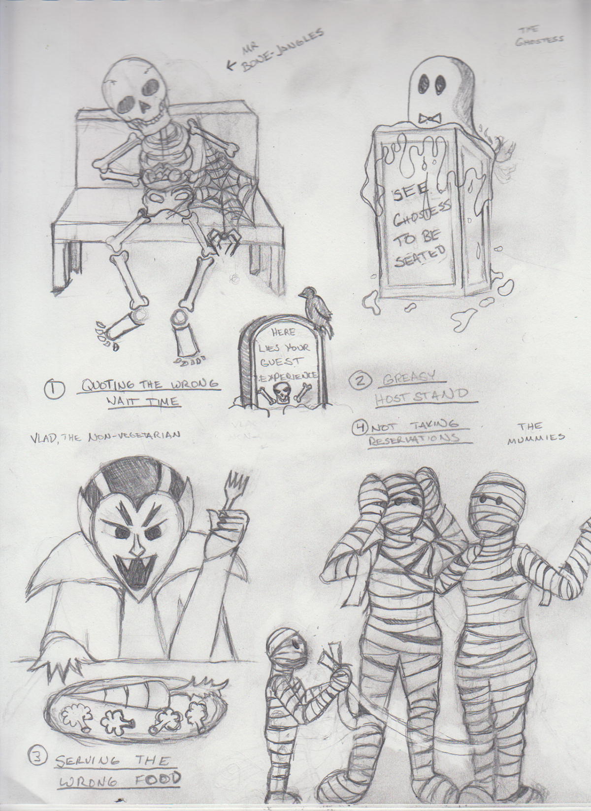 infographic Halloween skeleton ghost vampire mummy restaurant nightmares characters ILLUSTRATION 