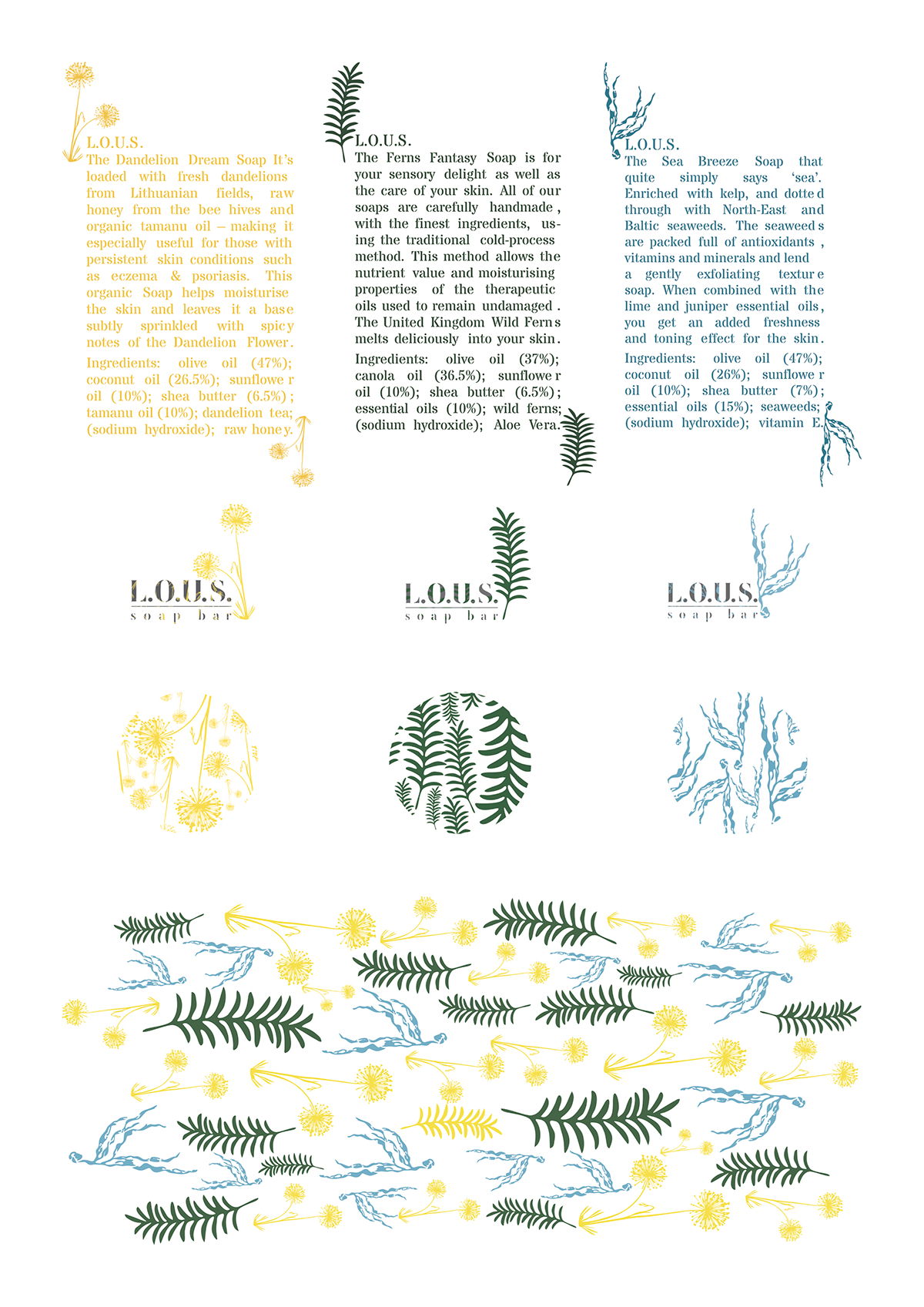 pattern design  Packaging label design editorial design  soap Flowers herbs seeweed brochure laser cutter