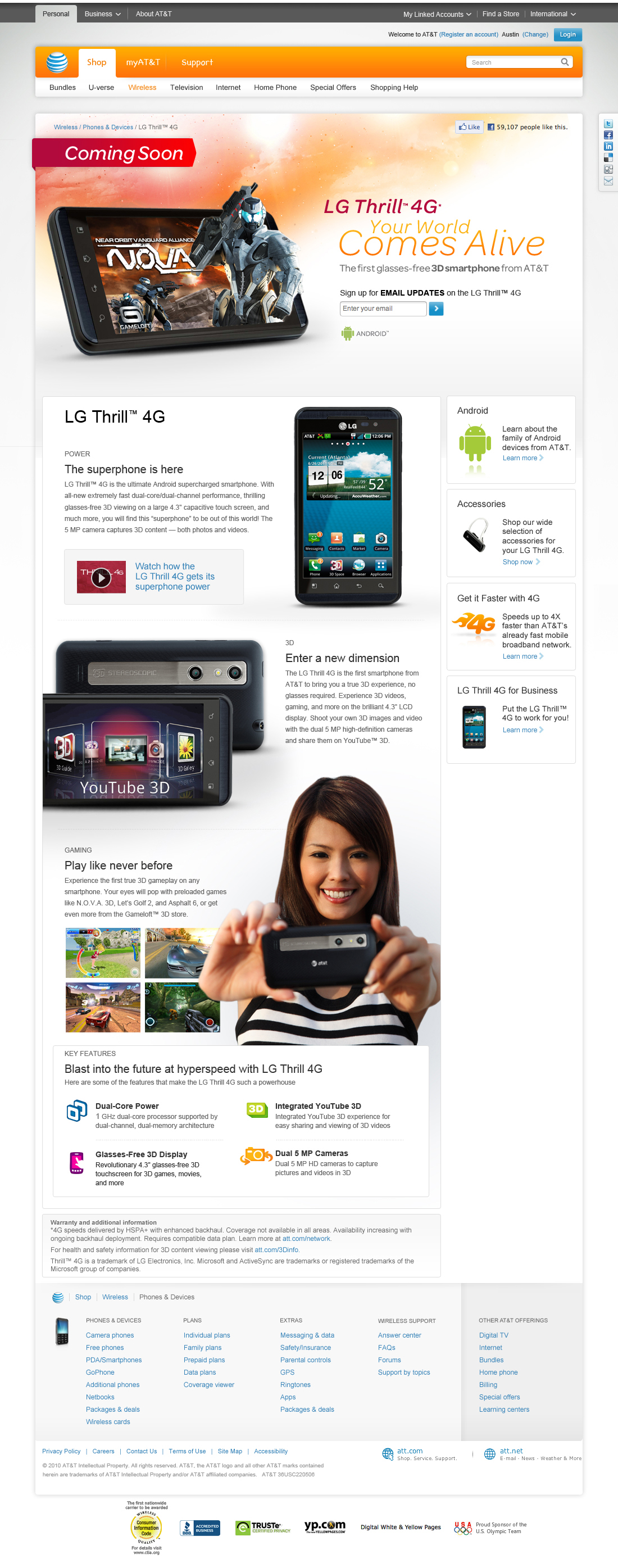 AT&T att devices wireless phone lg Thrill sales landing pages video