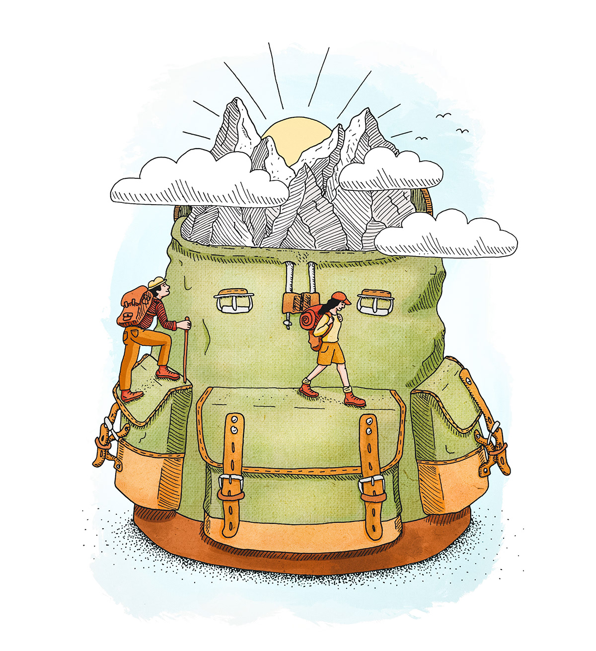 Rucksack ILLUSTRATION  Reise trip backpack gold Gelb grün wandern conceptual illustration