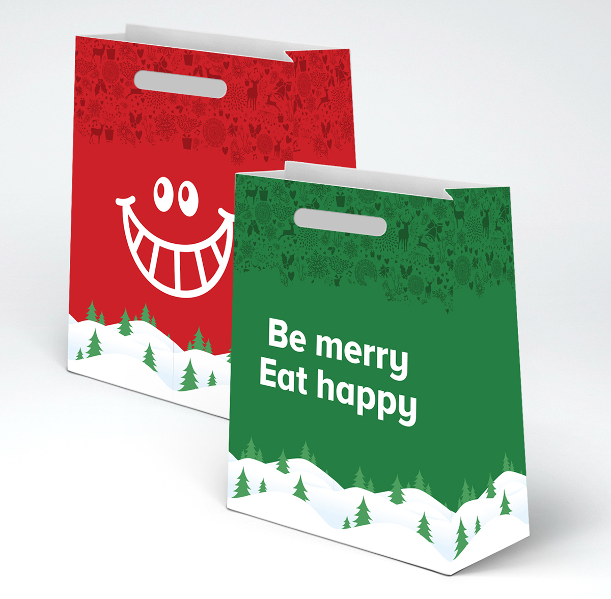 Christmas promo decor Signage banners Grocery store paper bag