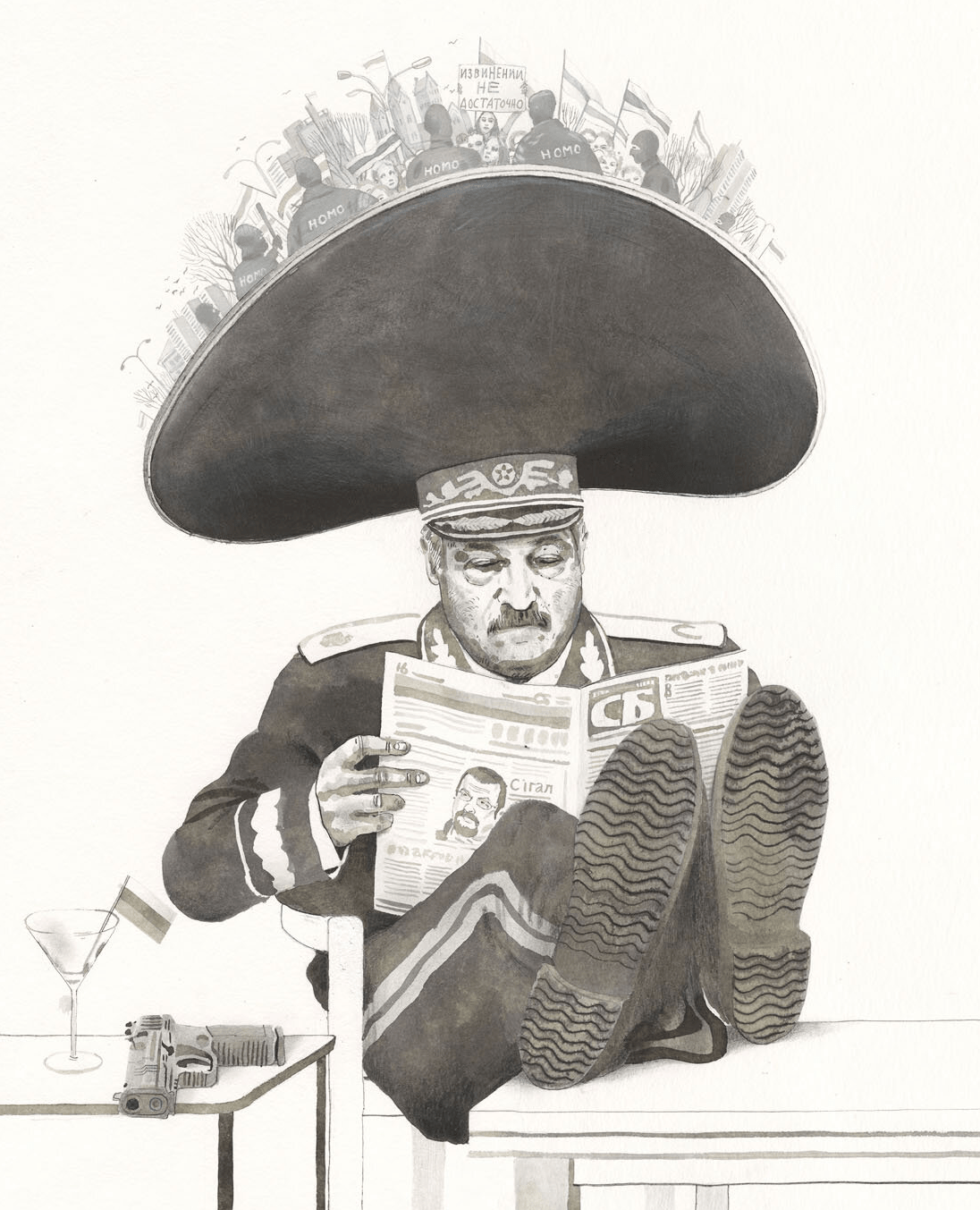lukashenko in a big hat reading a newspaper