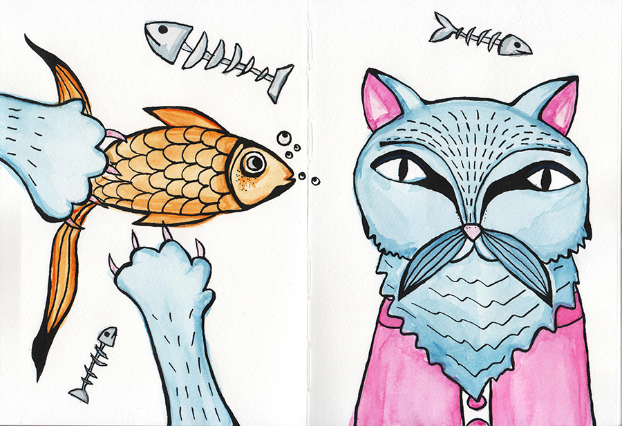 sketchbook watercolor ink Cat people portrait fish paints leaves art font