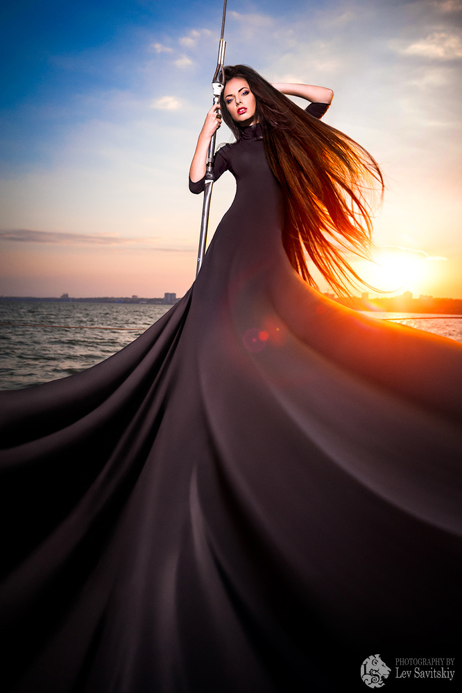 dress girl model sea boat sunset White black hair