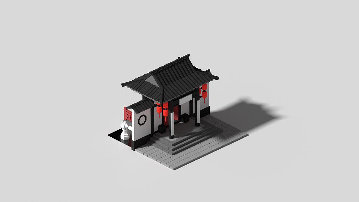 3D blender Low Poly chinese garden lowpoly Isometric Isolated
