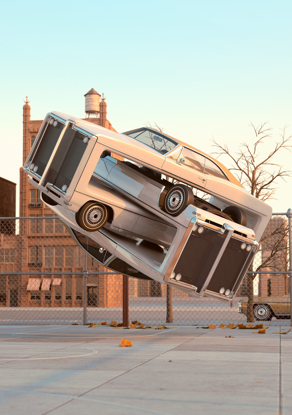 70's Retro Cars New York winter surreal automotive sculpture Aerobics 3D CGI