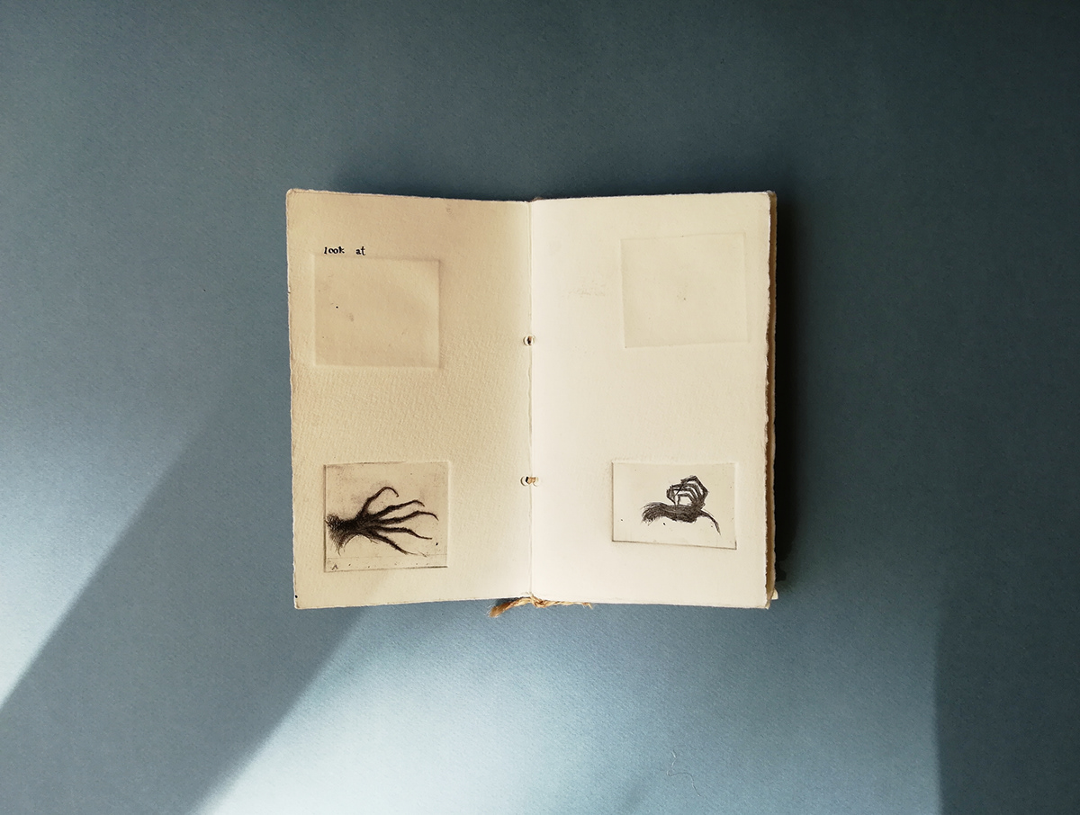artist book etching intaglio hands letterpress black pastel