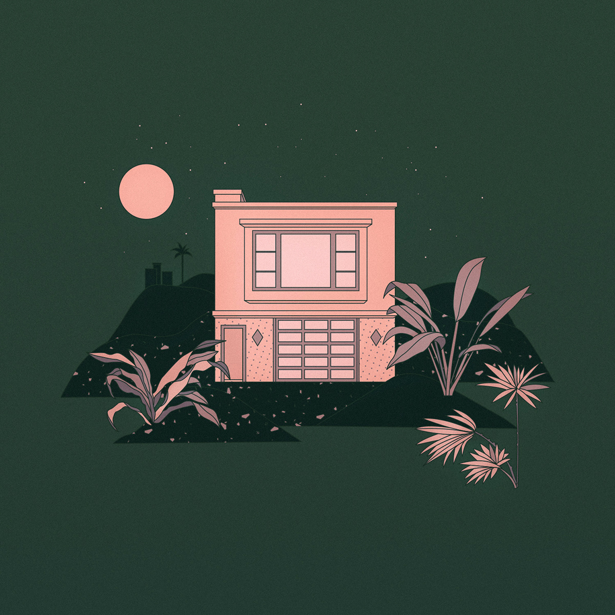 buildings architecture plants Tropical night Nightsky graphicillustration vector diner Landscape