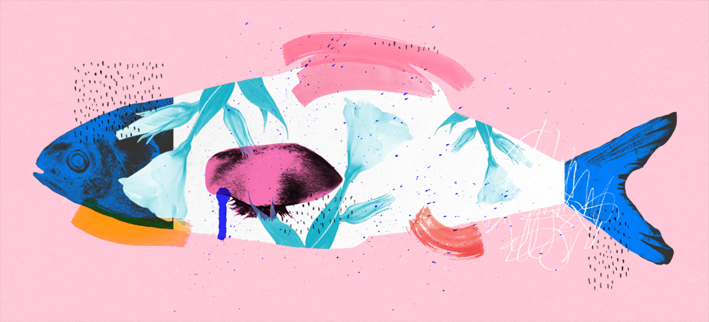 collage drawings doodles photos fish facepalm paint drops pencil pink blue