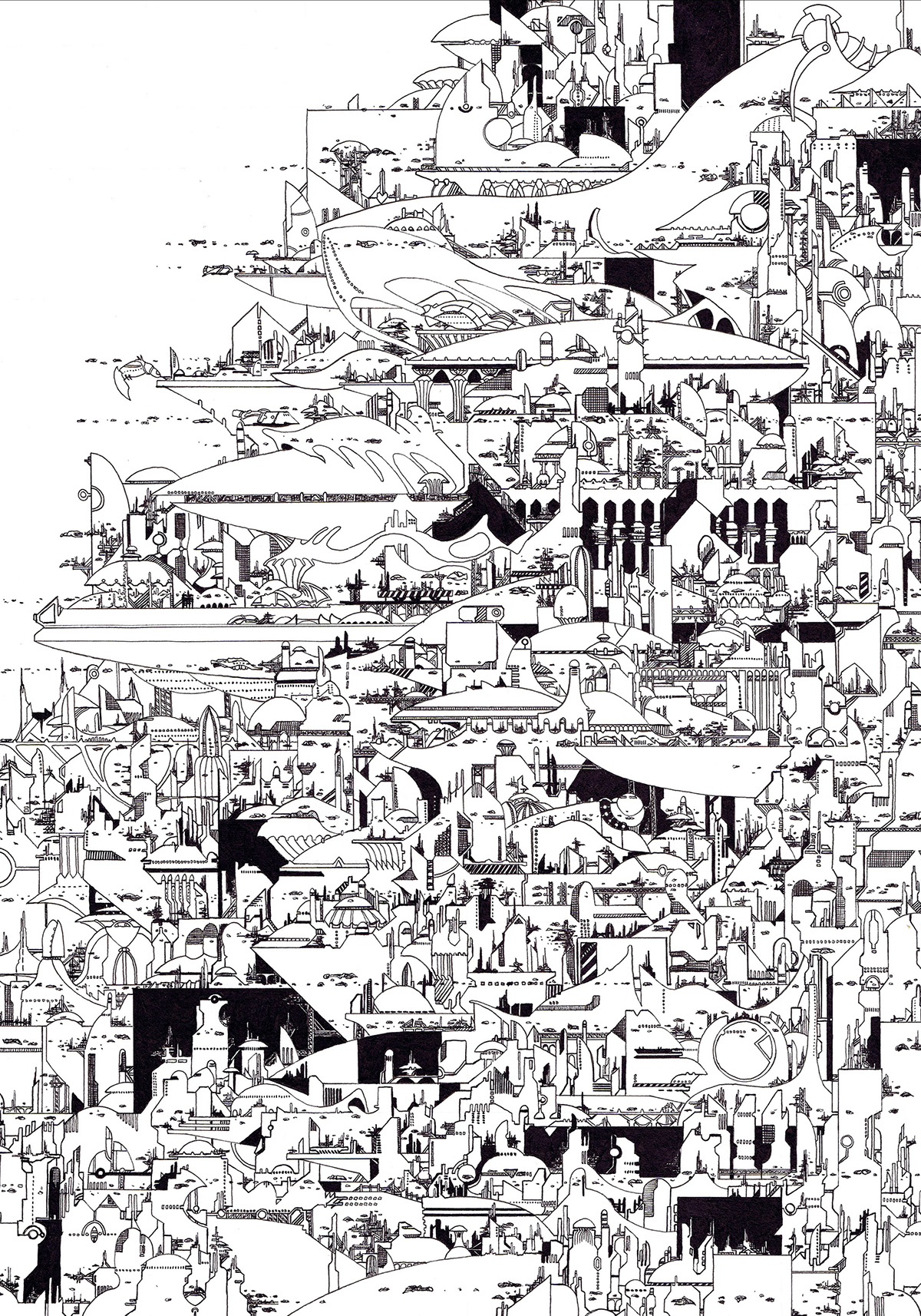 ink structure city futuristic sci-fi building spaceship density detail Landscape black and white pen towers