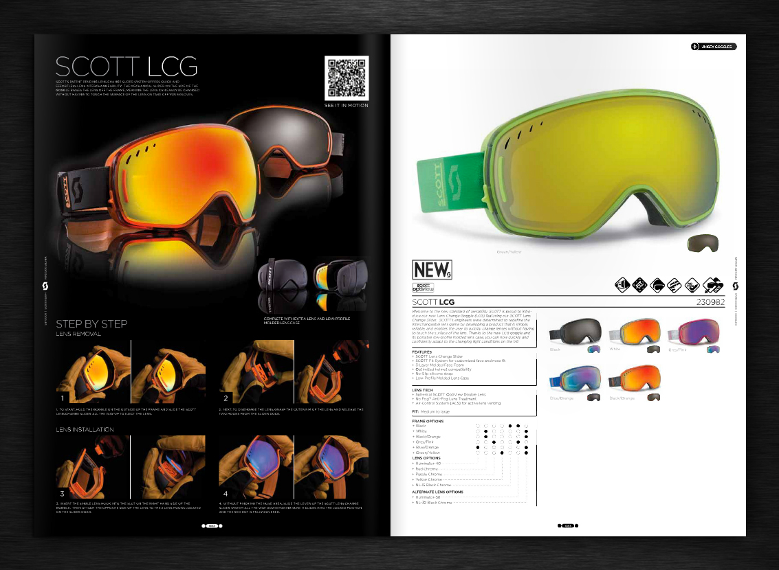 Scott Sports wintersports goggles page layout workbook catalog design